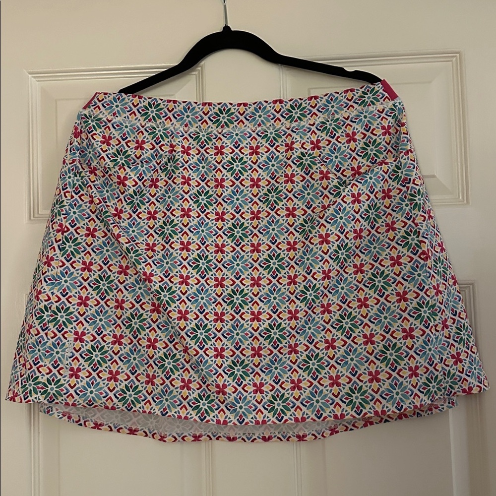Ralph Lauren RLX colorful golf skort with pink trim on back waist.